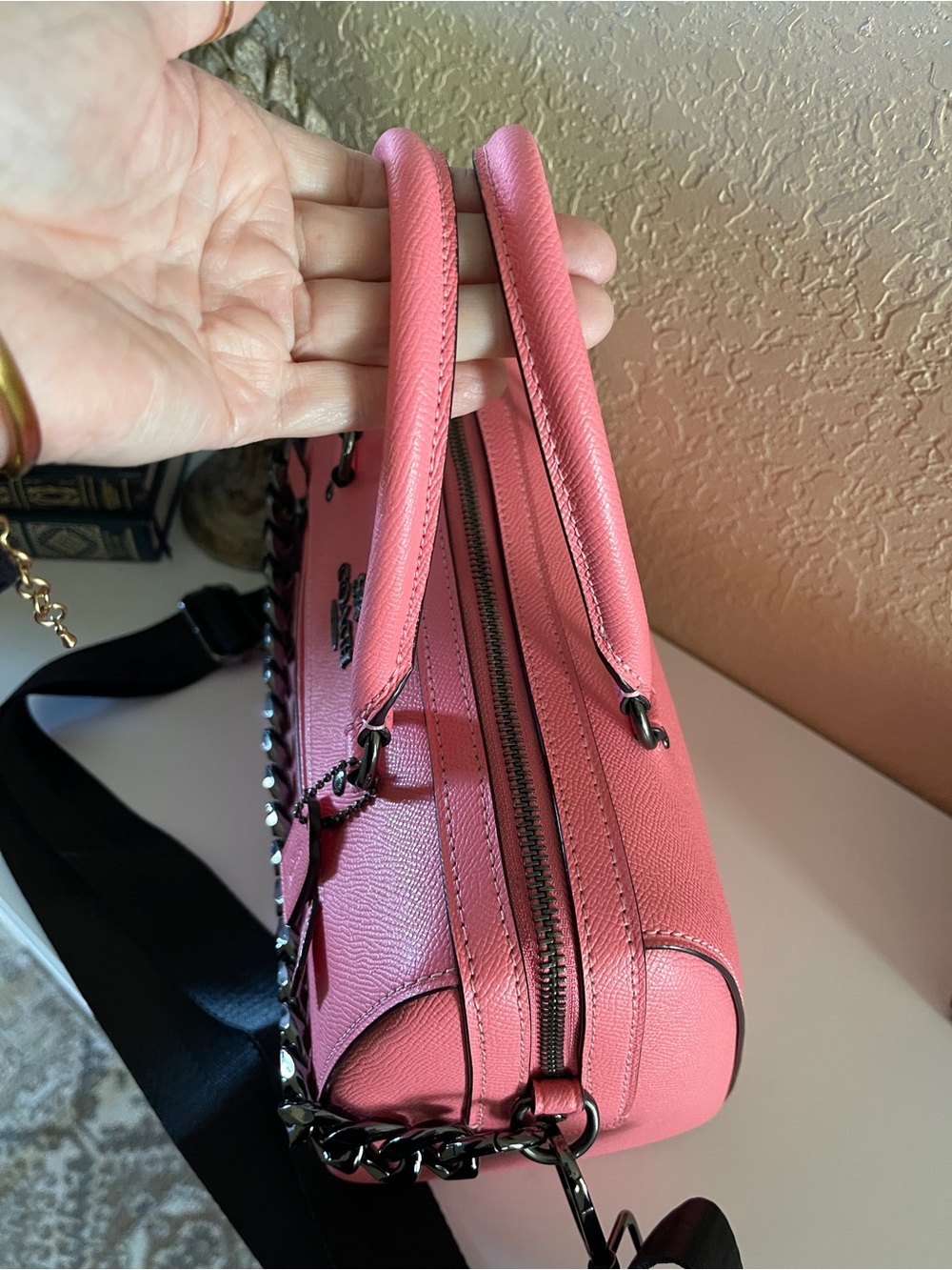 COACH Pink Saffiano Leather Satchel with Chain Detail - Picture 6 of 10